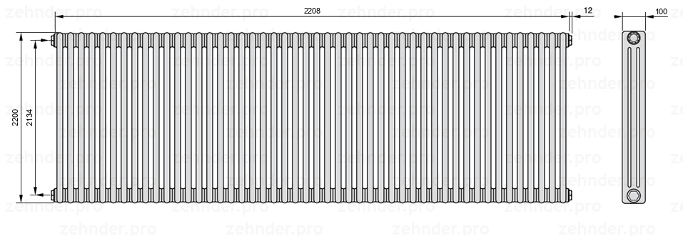 Схема (чертеж) Радиатор Zehnder Charleston 3220/48 №1270 Белый глянцевый RAL 9016